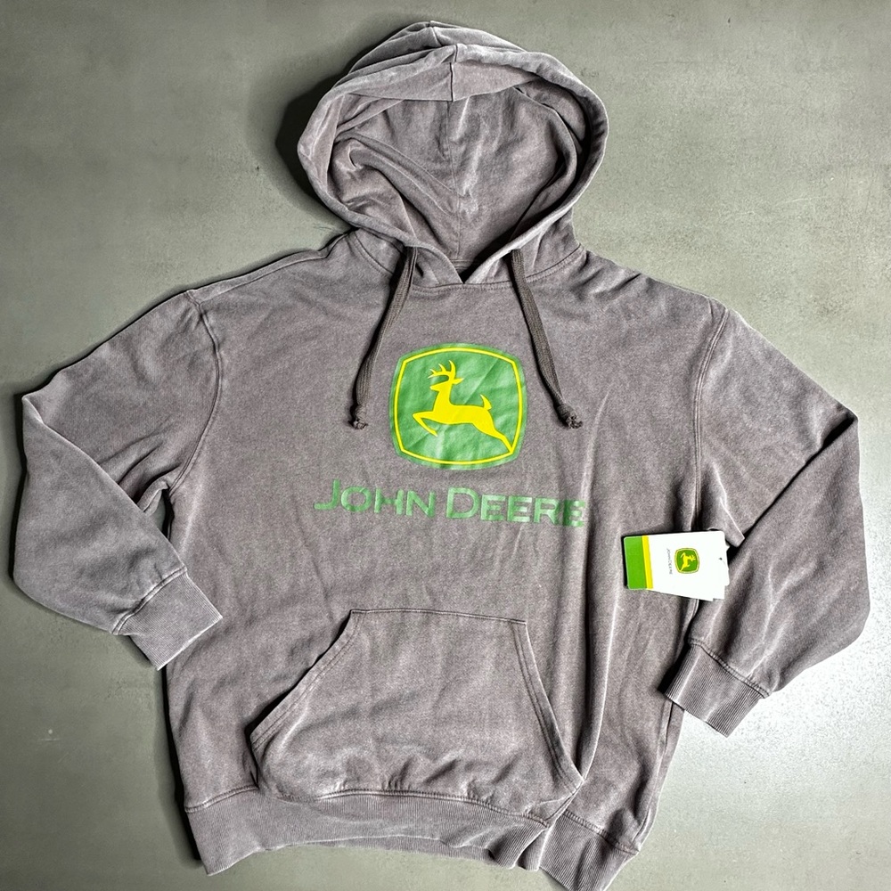 John Deere Warm Grey Logo Oversized Pullover Hoodie Sweatshirt - NWT - SM